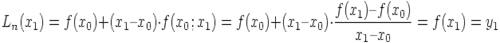 L_n(x_1) = f(x_0) + (x_1  x_0) \cdot f(x_0;x_1) = f(x_0) + (x_1  x_0) \cdot \frac{f(x_1)  f(x_0)}{x_1  x_0} = f(x_1) = y_1